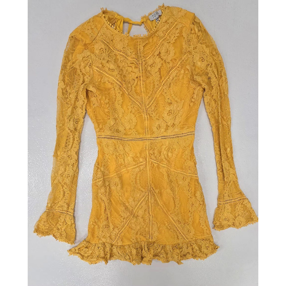TOBI Yellow Lace Mini Dress, Size M/M, Long Bell Sleeves, Open Back